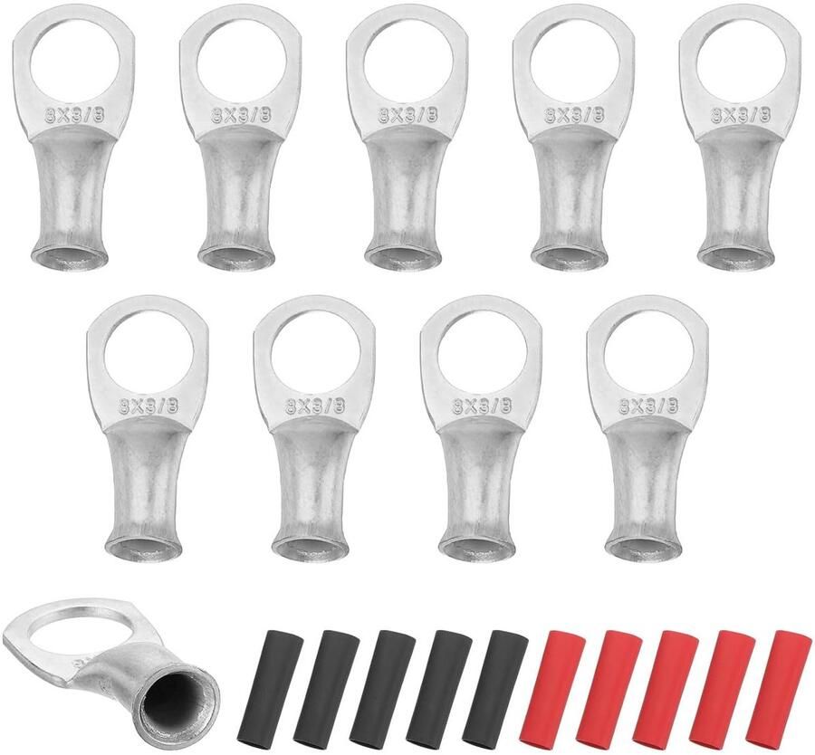 10 stuks 8 AWG M10 accuklemmen met ring 3 8 inch 10 mm eindstuk met klemmen voor koperen kabels 3:1 krimpkous zilver