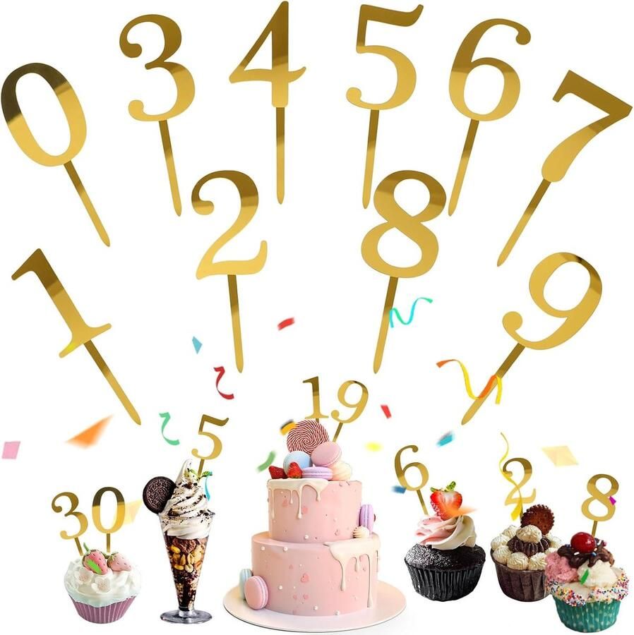 10 stuks getal taarttoppers cijfers 0-9e verjaardag taartdecoratie taartsteker cupcake acrylmateriaal geschikt voor verjaardagsfeesten van alle leeftijden bruiloftsfeest