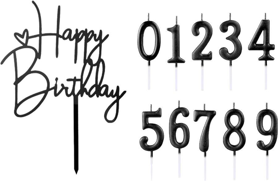 10 stuks Happy Birthday taartdecoratie met cijfer 0-9 verjaardag cijferkaarsen zwarte verjaardagsdecoratie acryl taartdecoratie Happy Birthday verjaardagstaartdecoratie (10 cm breed)