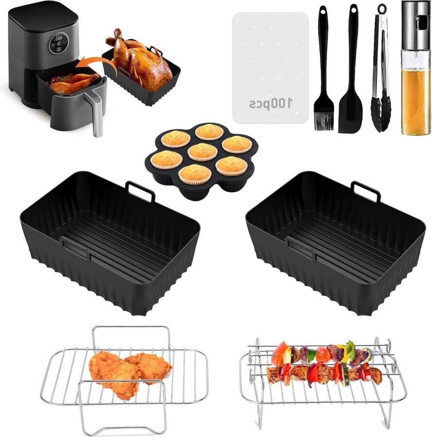 10 stuks heteluchtfriteuse accessoireset voor Ninja AF300EU AF400EU AF451EU DZ201 DZ401 Tower T17088 en Zone Airfryer 76 L-96 L inclusief spuitfles siliconen pan airfryer accessoires
