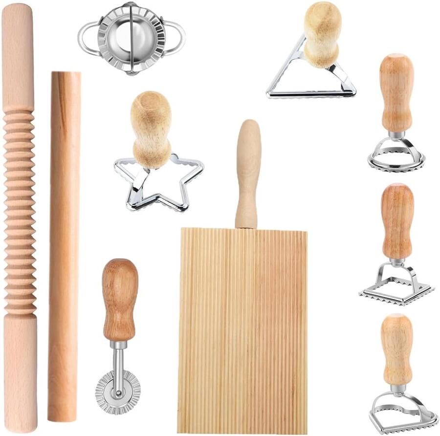 10 stuks pastamachine set met ravioli-stempel & gnocchi-bord incl. deegroller deegsnijder knoedelmaker efficiënte pastaset voor zelfgemaakte tortellini spätzle