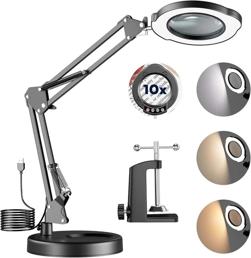 10-voudige loep met licht led-vergrootlamp 5 kleurmodi traploos dimbaar vergrootlamp met klem verstelbare zwenkarm vergrootglas voor handwerk lezen knutselen energieklasse D