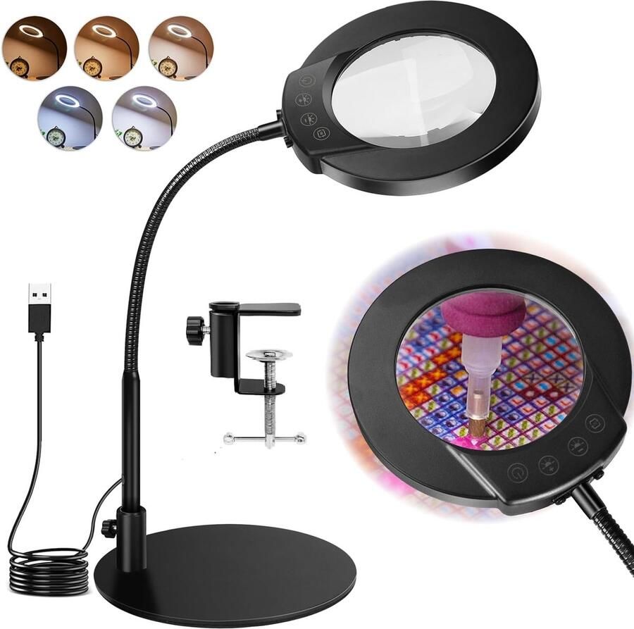 10-voudige vergroting met licht 2-in-1 lamp met vergrootglas met klem 5 kleurmodi touch-schakelaar ideaal voor handwerk reparaties