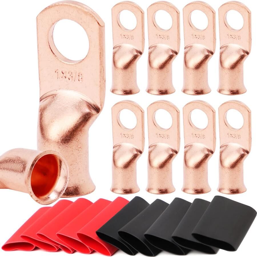 10 x 1 AWG-0 95 cm batterijlozen koperdraad-oogjes robuuste batterijkabeluiteinden buisringklemmen AWG-krimpdraadschoenen accuklemconnector met 3:1 krimpkous