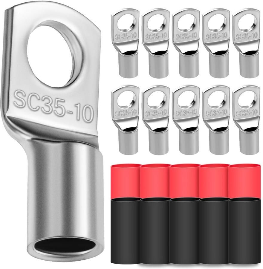 10 x buiskabelschoenen 35 mm² kabelschoenen gat-Ø M10 ringkabelschoen verdikt koper niet geïsoleerde SC kabelschoen met 10 krimpkous 3: 1
