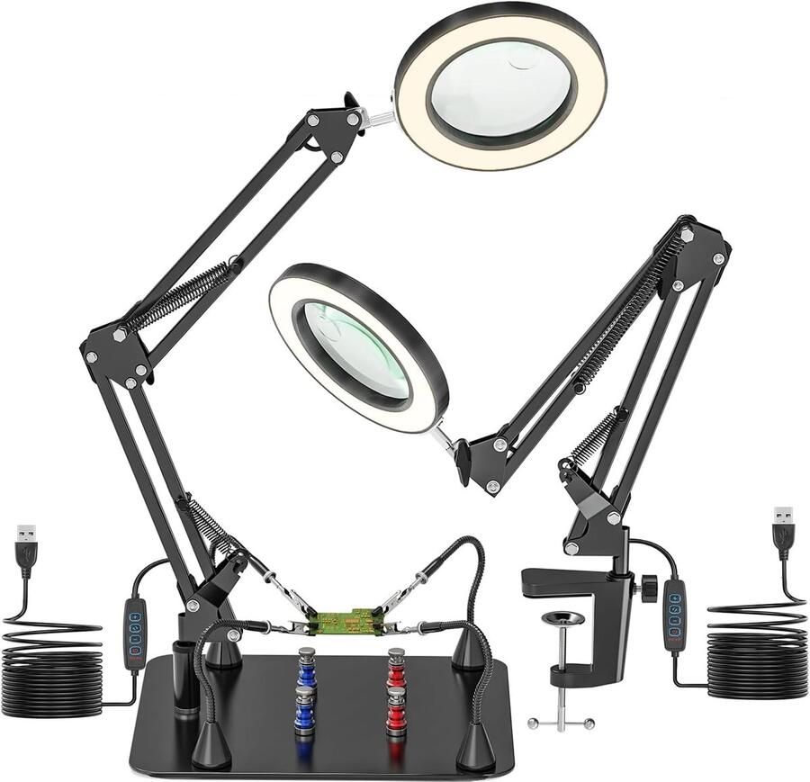 10 x & 15 x vergrootglas met licht en standaard magnetische soldeerhulp helpende hand met vergrootglas en licht derde hand solderen vergrootglas met 3 kleurmodi dimbaar led-loeplamp voor