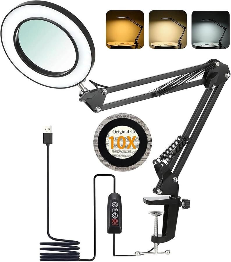 10 x led-loeplamp met klem en voet vergrotingslamp met 72 leds 3 kleurmodi 10 helderheidsniveaus dimbaar flexibele zwenkarm voor lezen naaien sieraden reparatie zwart