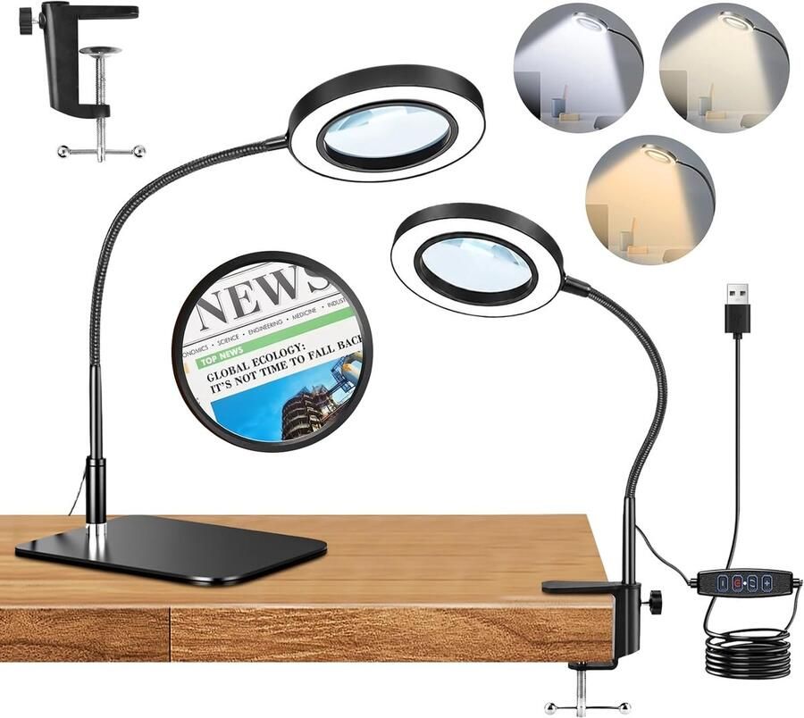 10 x vergrootglas met ledlicht tafelvergrootglas met sokkel en klem 3 temperaturen en 9 standen vergrootglas met licht voor lezen knutselen reparaties en diamantschilderijen (2-in-1)