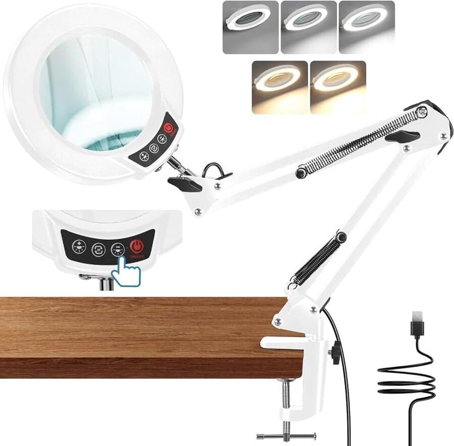 10 x vergrootglas met licht en klem led-vergrootlamp met glazen lens 5 kleurmodi traploos dimmen vergrootglas met licht en standaard handsfree leesloep voor senioren lezen knutselen