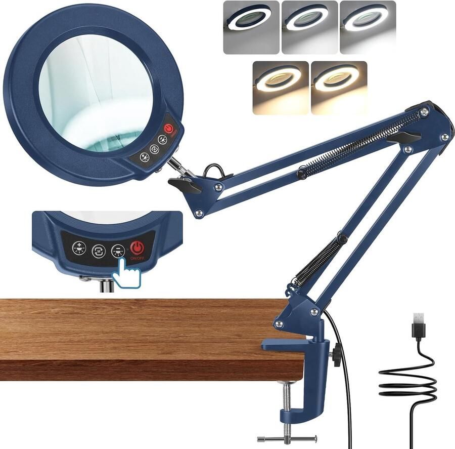 10 x vergrootglas met licht en klem led-vergrootlamp met glazen lens 5 kleurmodi traploos dimmen vergrootglas met licht en standaard handsfree leesloep voor senioren lezen knutselen