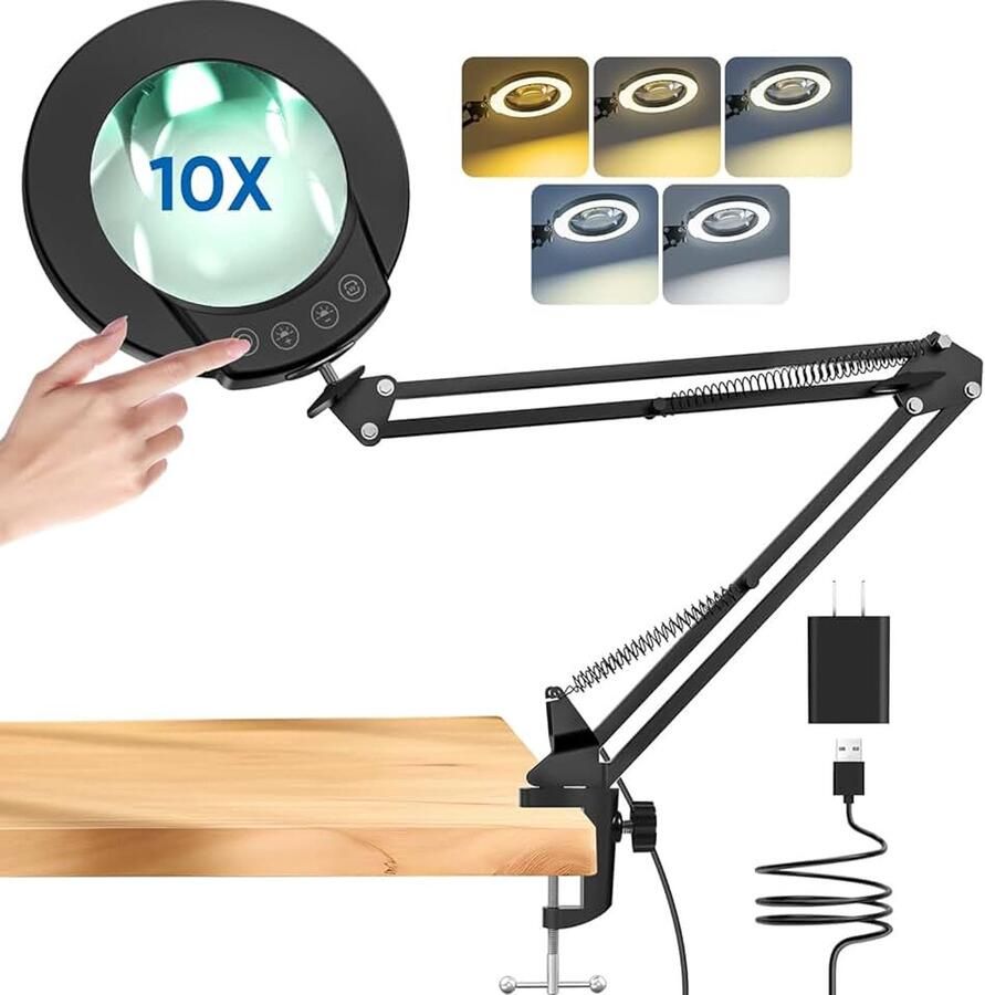 10 x vergrootglas met licht en klem verlicht vergrootglas van echt glas met 5 kleurmodi en traploze dimbaarheid handsfree bureaulamp voor hobby's knutselen lezen en naaiwerk (zwart)