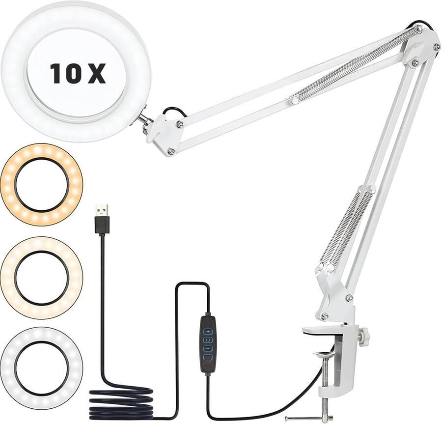 10 x vergrootglas met licht en standaard vergrootlamp met 72 leds 3 kleurmodi dimbaar en 10 helderheidsniveaus leeslamp led-leeslamp met metalen klem led-vergrootlamp voor handwerk sieraden