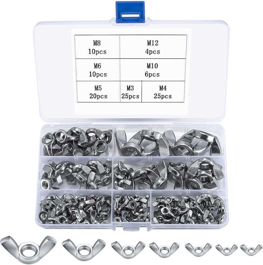 100-delig Vlindermoer Assortiment Kit Roestvrij Staal Vlinderschroeven Vleugelmoer Kits voor Doe-het-zelf Gereedschap Elektronische Apparaten Machineonderdelen M3 M4 M5 M6 M8 M10 M12