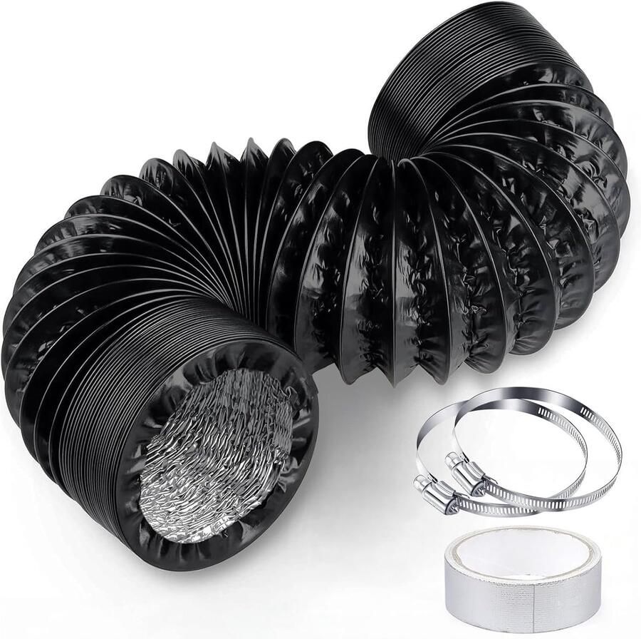 100 mm 3 m Zwart – Flexibele Ventilatieslang Aluminium PVC Luchtkanaal met 2 RVS Slangklemmen + Aluminium Tape 5 m – Luchtafvoer voor Airco Wasdroger Afzuigkap
