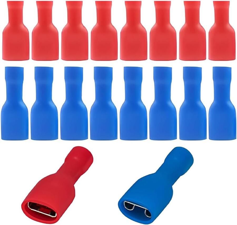 100 stuks Heschen volledig geïsoleerde vinyl-snelverbinders 6 3 x 0 8 mm rood voor 0 5-1 5 mm² (22-16 AWG) blauw voor 1 5-2 5 mm² (16-14 AWG)