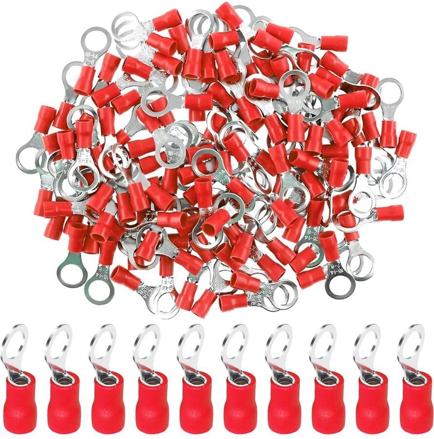 100 stuks ringkabelschoenen van koper M10 elektrische connector oogje ring 10 5 mm elektrische kabelschoenen geïsoleerde klemmen krimpkabel 0 5-1 5 mm² 22-16 AWG rood