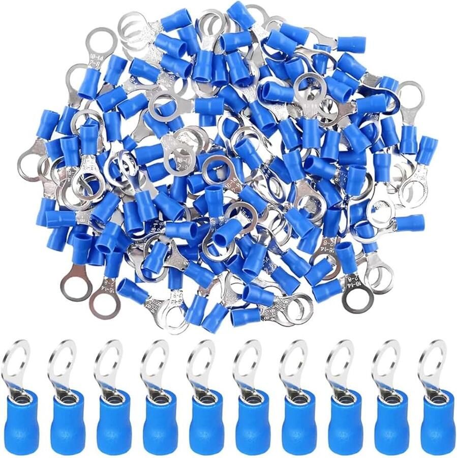 100 stuks ringkabelschoenen van koper M10 elektrische connector oogje ring 10 5 mm elektrische kabelschoenen geïsoleerde krimpklemmen kabel 1 5 2 5 mm² 16-14 AWG blauw