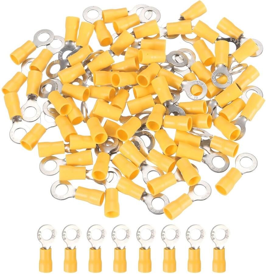 100 stuks RV5.5-6 geïsoleerde ringkabelschoenen elektrische kabelverbinders kabelschoenen krimpconnectorset 12-10 AWG voor elektrische projecten industrie chemische industrie geel