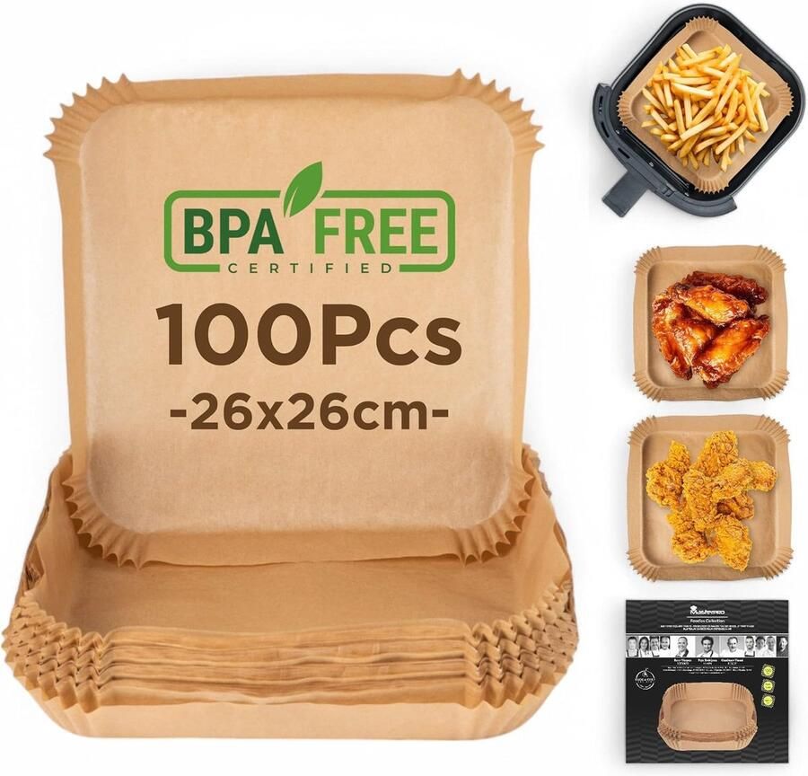 100 Vierkante Bakpapiervormen voor Airfryer 26 cm Ongebleekt en BPA-vrij