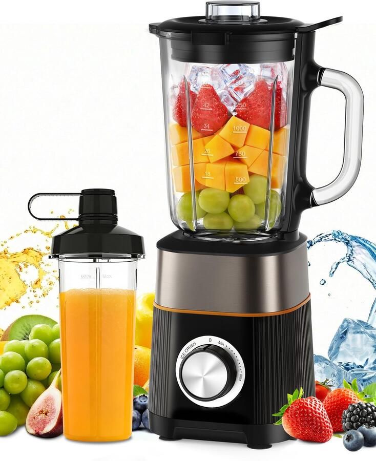 1000 W blender mixer glas 2-1 mixer smoothie maker met 1 5 l glazen kan en 600 ml reisbeker traploos draaibare draaiknop zelfreiniging voor ijscrush-functie shakes bevroren dranken en sauzen