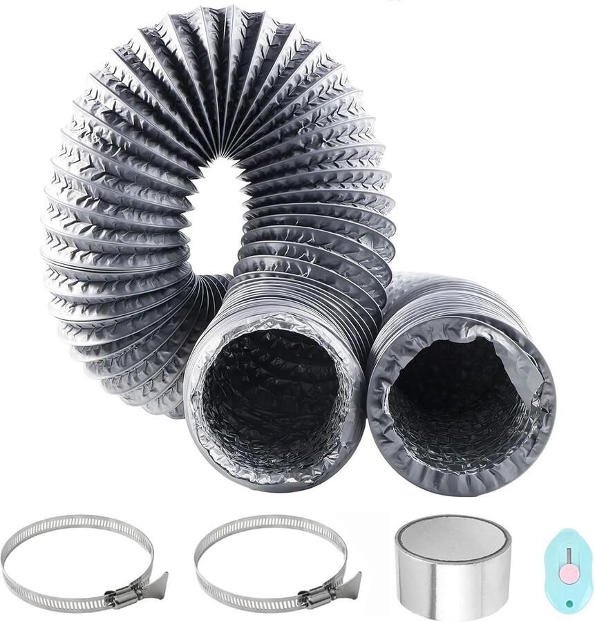 100mm lengte 6m PVC Flexibele Aluminium Pijpslang Aluminium Aluflex Slang met 2 RVS Slangklemmen en Aluminiumfolie Tape voor Airconditioners Wasdroger Afzuigkap (Grijs)