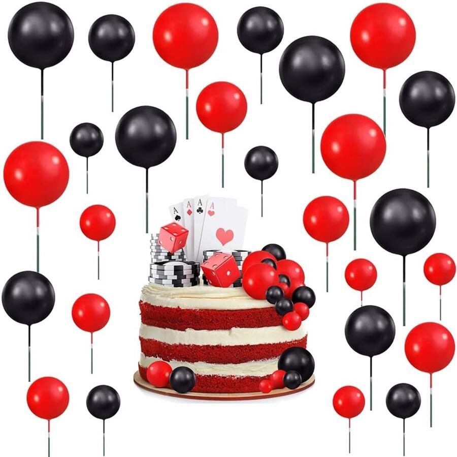 108 stuks rood en zwart taartdecoratie schuimballen doe-het-zelf taarttopper topper voor verjaardag bruiloft huwelijksverjaardag babyshower decoratie