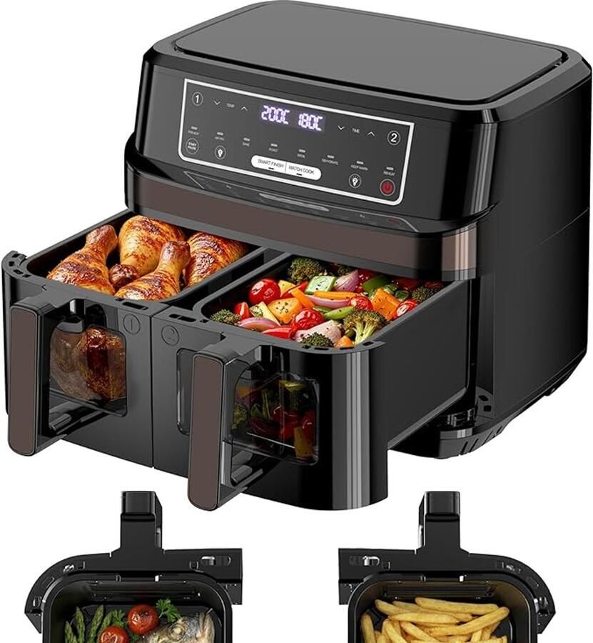 10L Airfryer Heteluchtfriteuse 2 Kamers Dubbele Zone Airfryer Kijkvenster 8-in-1 Heteluchtfriteuse Touch Bediening Tot 200°C 2600W Aparte Temperatuurinstelling Dubbele Kamer Airfryer