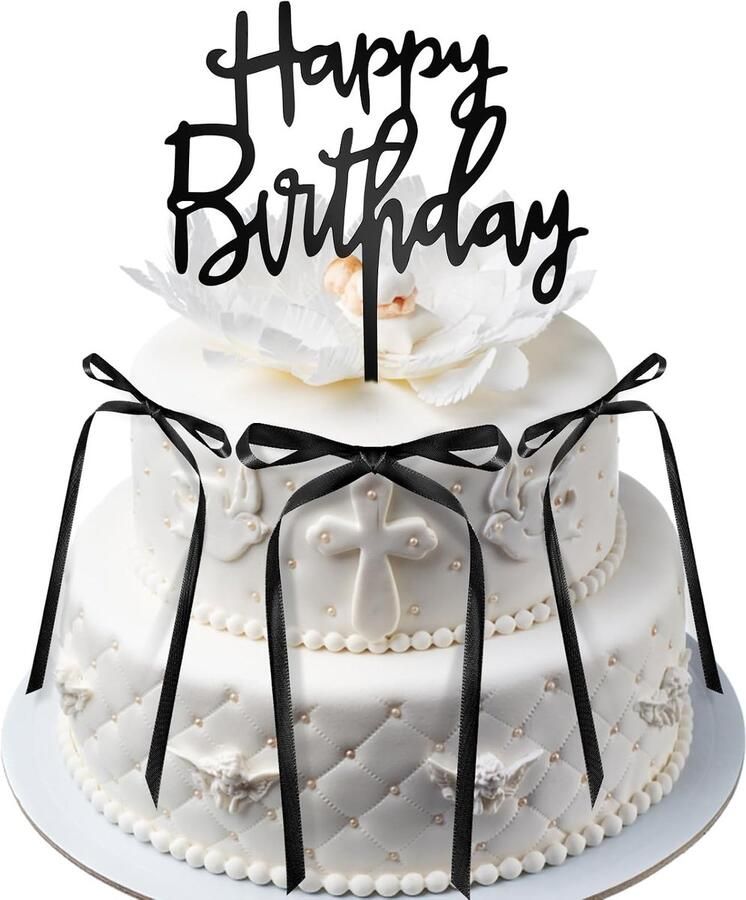 10st Strik Taarttoppers met Happy Birthday Taarttopper Zwarte Strikken voor Taart Lint Taarttopper Coquette Verjaardagsdecoraties voor Bruiloft Jubileum Babe Shower Feest