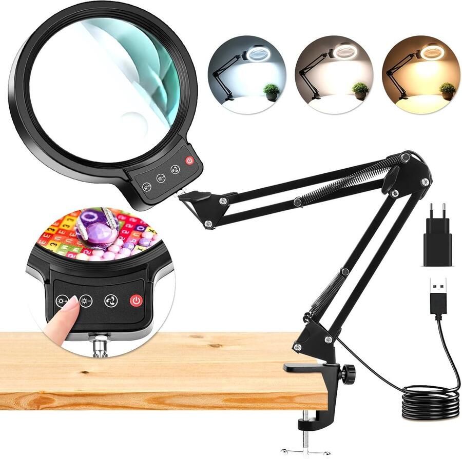 10X 30X Vergrootglas met Licht en Klem Verlichte Vergrootglaslamp met 36 LED's 3 Kleurmodi Bureaulamp Handsfree Vergrootglas voor Lezen Handwerk Vrije Tijd Dichtbijwerk