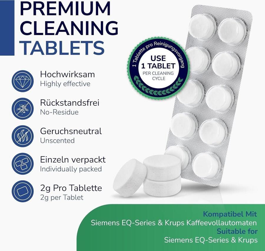 OEM Onderhoudsset 40x reinigings cleaning Tabletten & 50x Ontkalkingstabletten voor volautomatische koffiemachines en koffiezetapparaten. Universeel compatibel met Siemens Jura Bosch Krups Miele Melitta etc. Koffiemachineontkalker