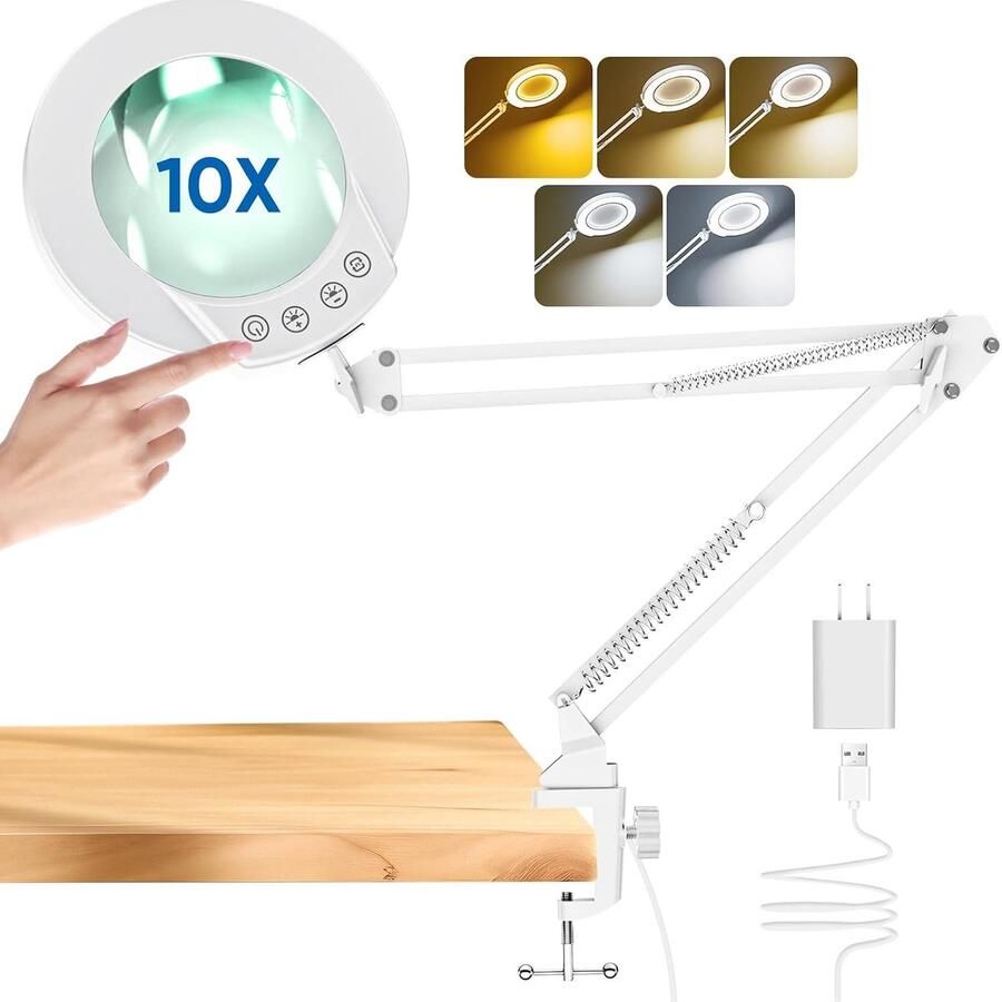 10X loep met licht en klem verlichte loep van echt glas met 5 kleurmodi en traploze dimmbaarheid handsfree bureaulamp voor hobby's knutselen lezen en fijnwerk (wit)
