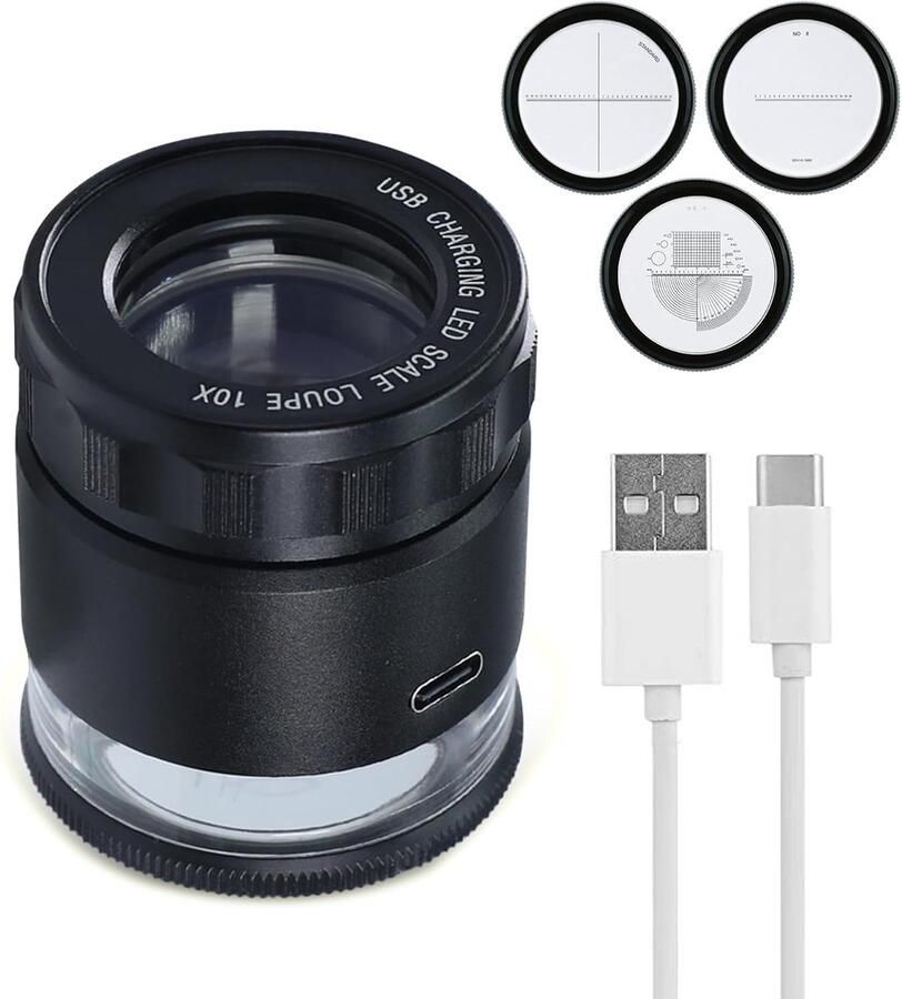10X Oplaadbare Juweliersloep met LED-verlichting & 3 retikelschalen 25 mm gezichtsveld verstelbare focus oogloep vergrootglas LED-schaalloep sieraden vergrootglas voor munten horloge postzegels