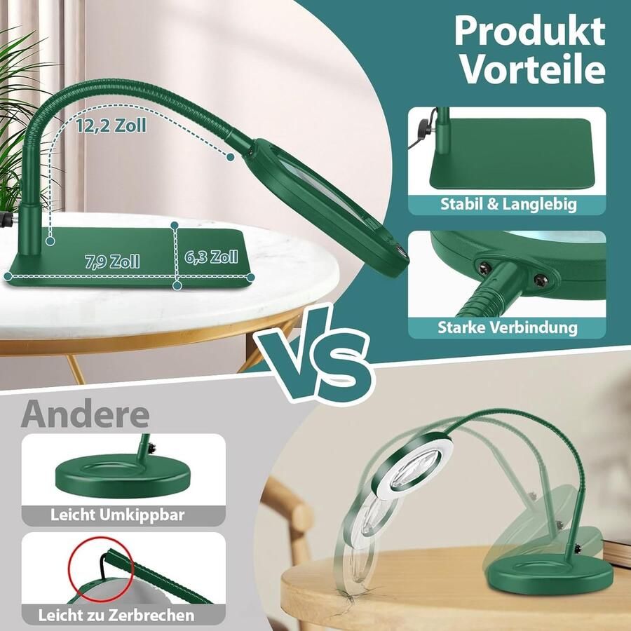 10X Rechthoekig Vergrootglas met Licht en Standaard Echt Glazen Loeplamp 5 Kleurmodi Traploos Dimbaar Flexibele Zwanenhals LED-verlichte Bureaulamp Handsfree Vergrootlamp voor Lezen Groen