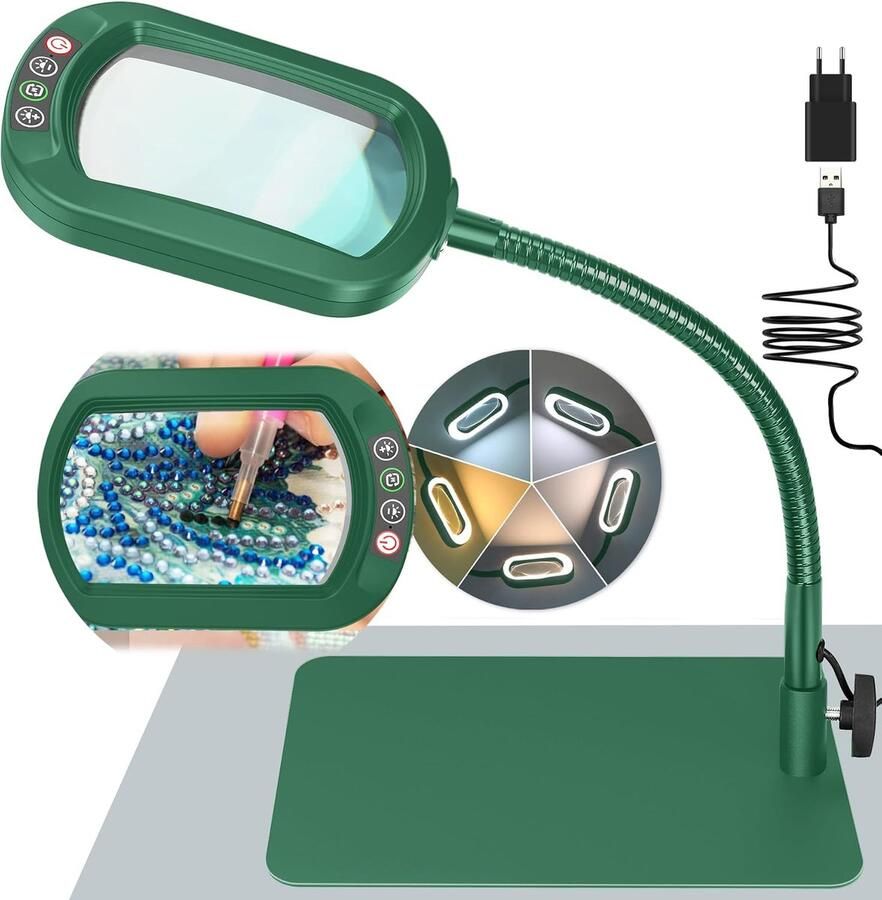 10X Rechthoekig Vergrootglas met Licht en Standaard Echt Glazen Loeplamp 5 Kleurmodi Traploos Dimbaar Flexibele Zwanenhals LED-verlichte Bureaulamp Handsfree Vergrootlamp voor Lezen Groen