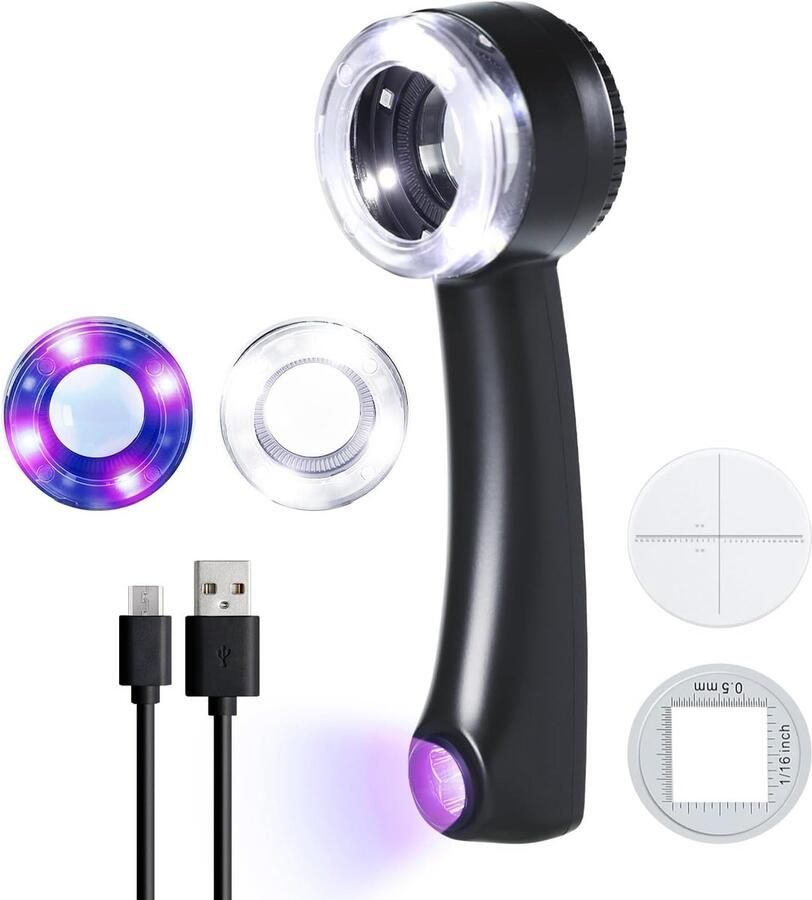 10x Vergrootglas met K9 Optisch Glas Instelbare LED UV-Verlichting Driekleurige Verlichting Verwijderbare Schaalverdeling Oplaadbaar via USB-C voor Sieraden Munten Postzegels en Elektronica