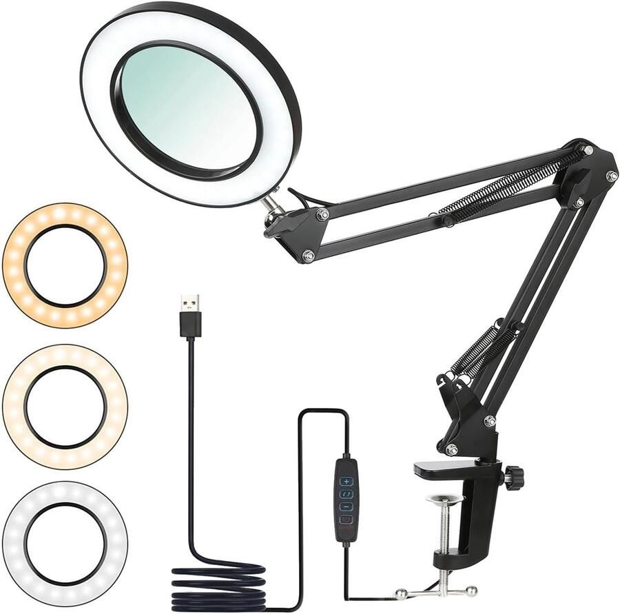 10x vergrootglas met licht en standaard LED-vergrootglas bureaulamp met klem 72 LED's en 5 kleurmodi vergrootglas bureaulamp voor knutselen lezen naaien schilderen repareren knutselen zwart