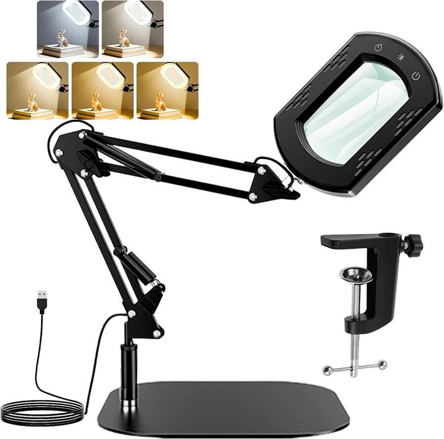 10X Vergrootglas met Licht en Standaard Stevige Basis 28x28 cm 5 Kleurstanden Dimbaar LED Bureaulamp met Klem Handsfree Loep voor Lezen Knutselen Naaien Werk van Dichtbij
