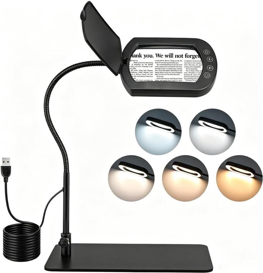 10X vierkant vergrootglas met licht en klem echt glas LED verlichte vergrootglas en standaard (zwart)