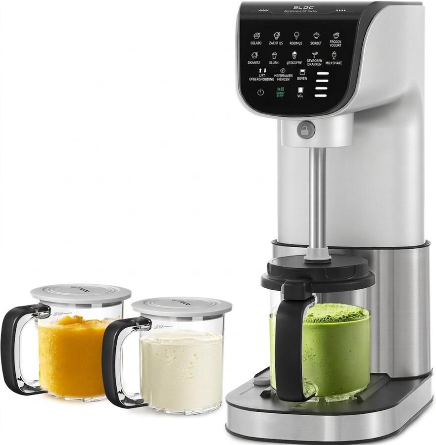 11 in-1 IJsmachine – softijsmachine voor thuis 3 x 19.2oz BekersVaatwasserbestendig EénMaak IJscréme Gelato Zilver