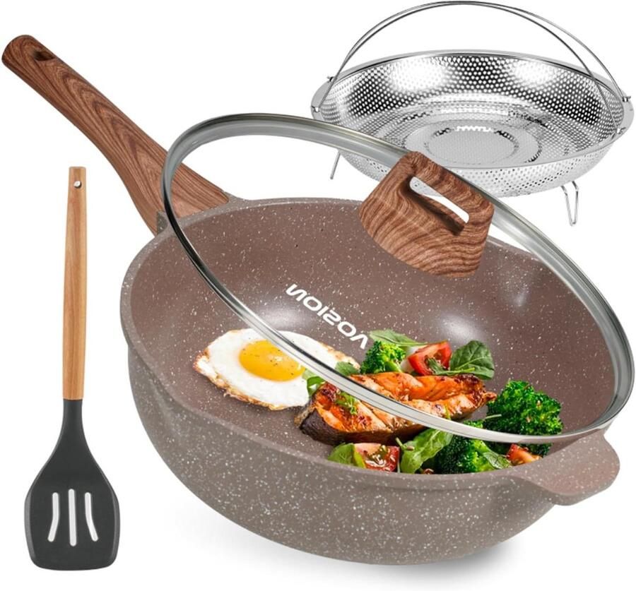 11 Inch Keramische Frituurpan met Antiaanbaklaag en Deksel 4 5 QT Sauteerpan voor Gezond Koken