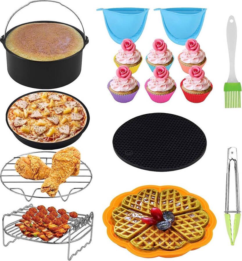 11 stuks Heteluchtfriteuse accessoires kleine accessoires luchtfriteuse accessoires Ø 18 cm met broodbakmand pizzapan siliconenmat grillstandaard 7 inch voor L XL Gowise Phillips Cozyna luchtfriteuse