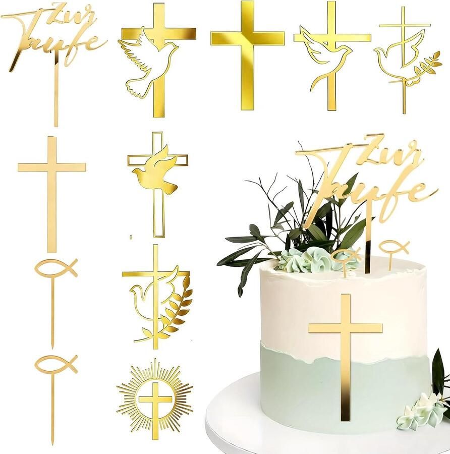 11 stuks toppers taartdecoratie communie goudkruis en duif taartdecoratie voor verjaardagstaart decoratie in visvorm van acryl taarttopper spiegel voor feestjes bruiloften