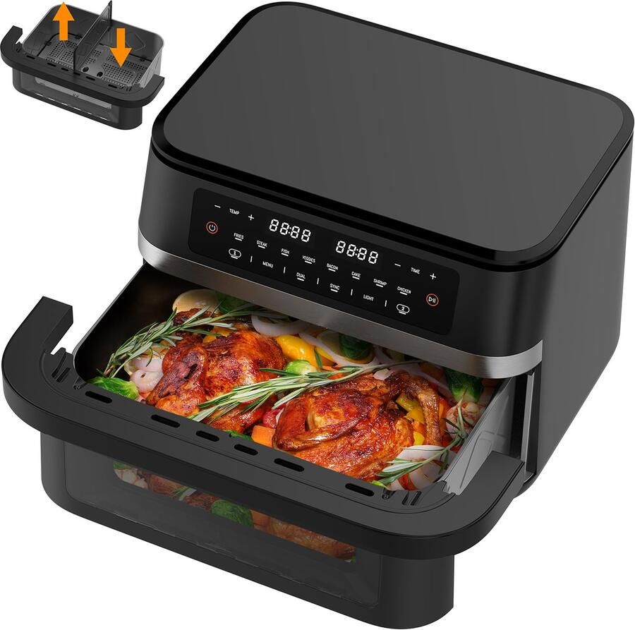 11L Dual Zone Heteluchtfriteuse Met Uitneembare Scheidingswand 2950W Airfryer Met Kijkvenster