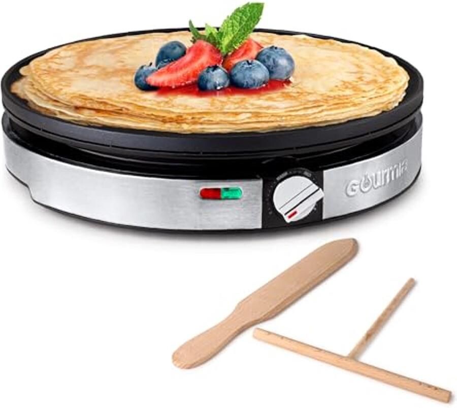 12 Crepe Maker Nonstick Electric Griddle voor Pannenkoeken Omeletten en Meer Precieze Temperatuurregeling met Indicatorlichten Inclusief Spatel en Beslagverspreider Snelle Schoonmaak RVS Afwerking