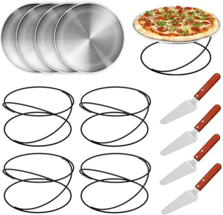 12-delige pizza pan en serveerset met standaards en houten serveerspiegels