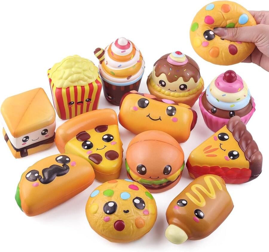 12-delige set voedsel speelgoed squishies en fidget speelgoed voor stressverlichting hamburger pizza ijs en meer