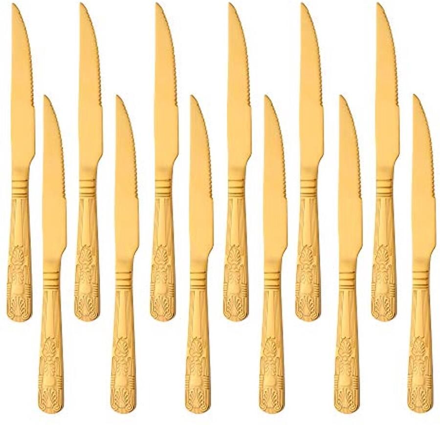 12 Delige Steakmessen Set van Roestvrij Staal met Elegante Gouden Afwerking voor Thuis en Restaurant