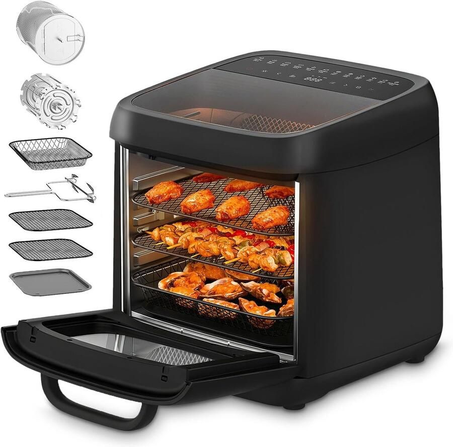 12 liter heteluchtfriteuse 12-in-1 heteluchtfriteuse met 8 accessoires oven grill droogautomaat 1800 W Air Fryer zonder olie met 2 grote kijkvensters 80-200 °C zwart