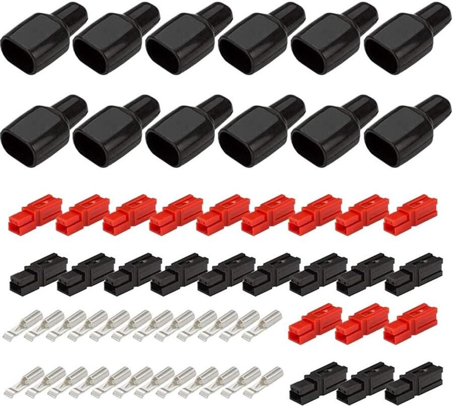 12 paar connectoren 30 A snelscheiding stroomkabelschoenen set met 24 x 30 A contact 12 x behuizing rood 12 x behuizing zwart 12 x rubberen laarsmanchetten