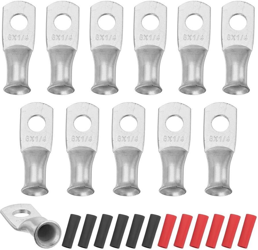 12 stuks 6 AWG M6 Oogje Batterijklemmen 1 4 inch 6 mm Kabel Eindstuk Koper Connector 3:1 Krimpkous Ommanteling Zilver